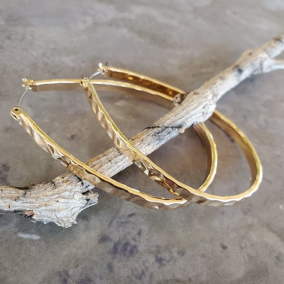 Tahari Jewelry - Tahari Gold Hammered Oblong Hoops Hoop Earrings